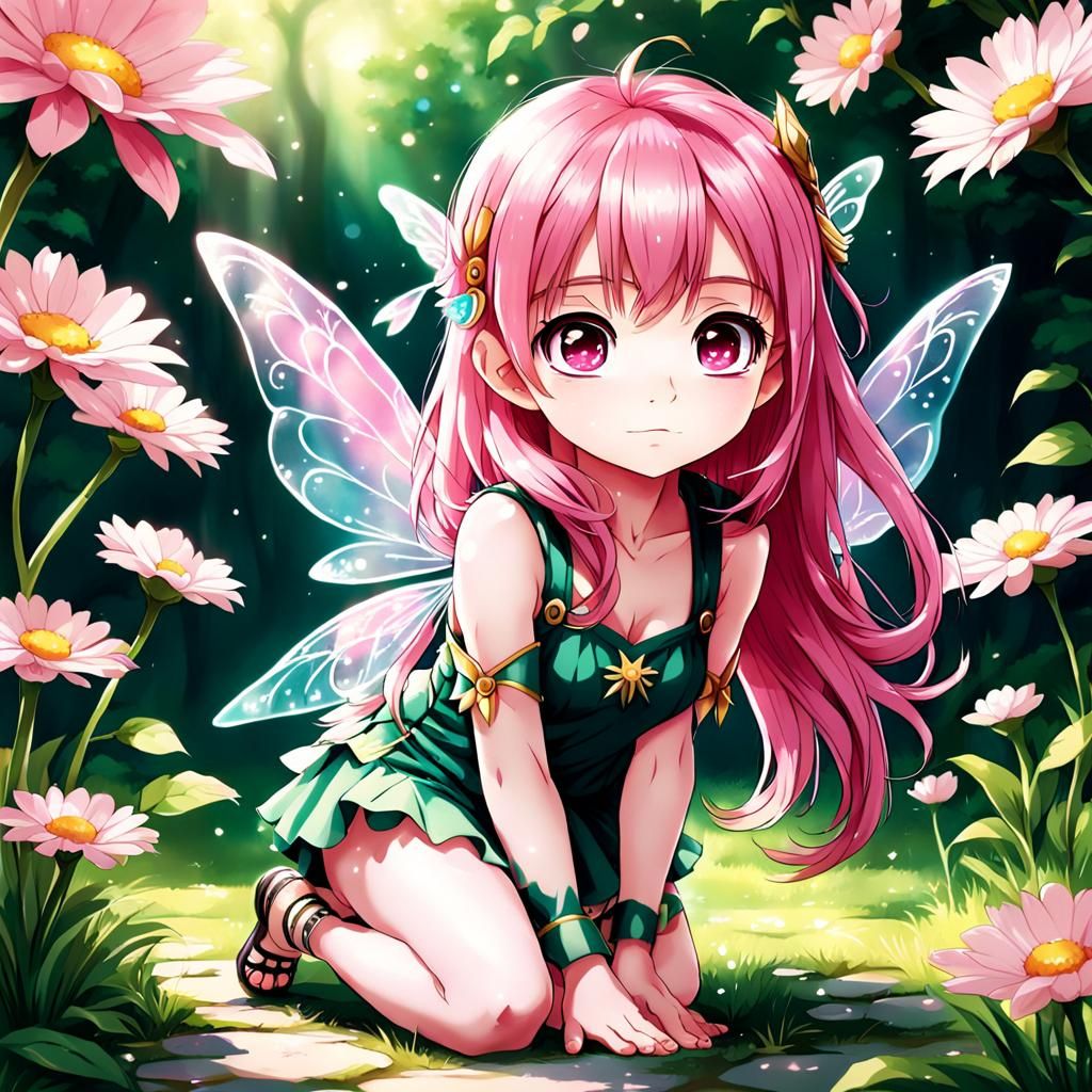 Adorable Pink-Haired Fairy in Anime Style