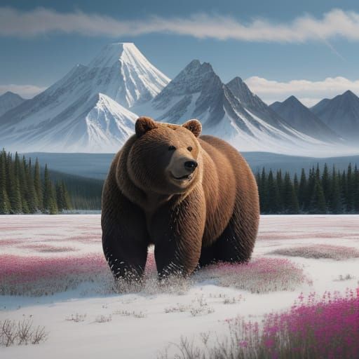 Bear Made of Wildflowers in Wildlife Painting Style