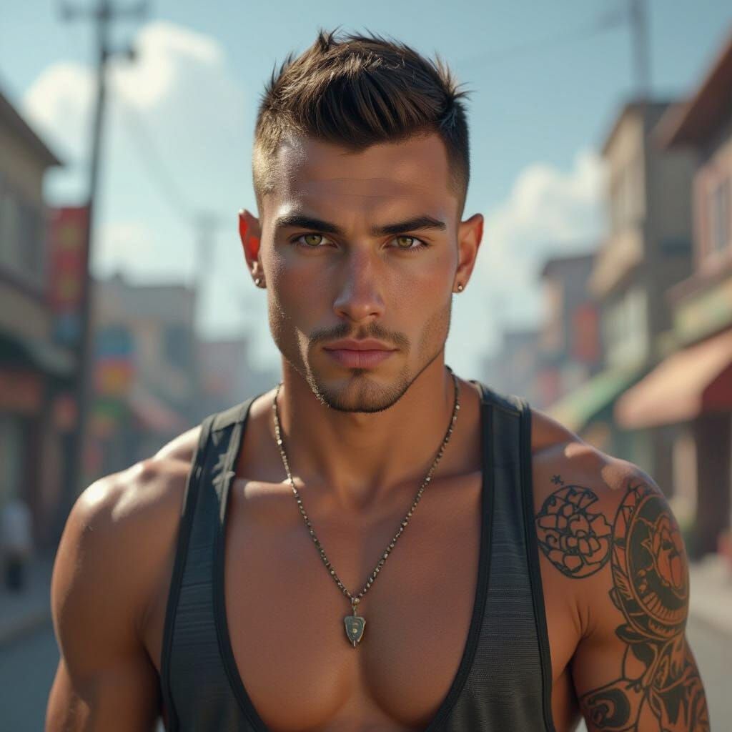 Tattooed Man in Fantasy Landscape, Matte Painting