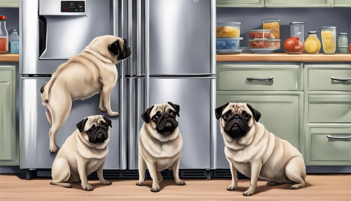 Realistic Pugs Staring into Open Refrigerator