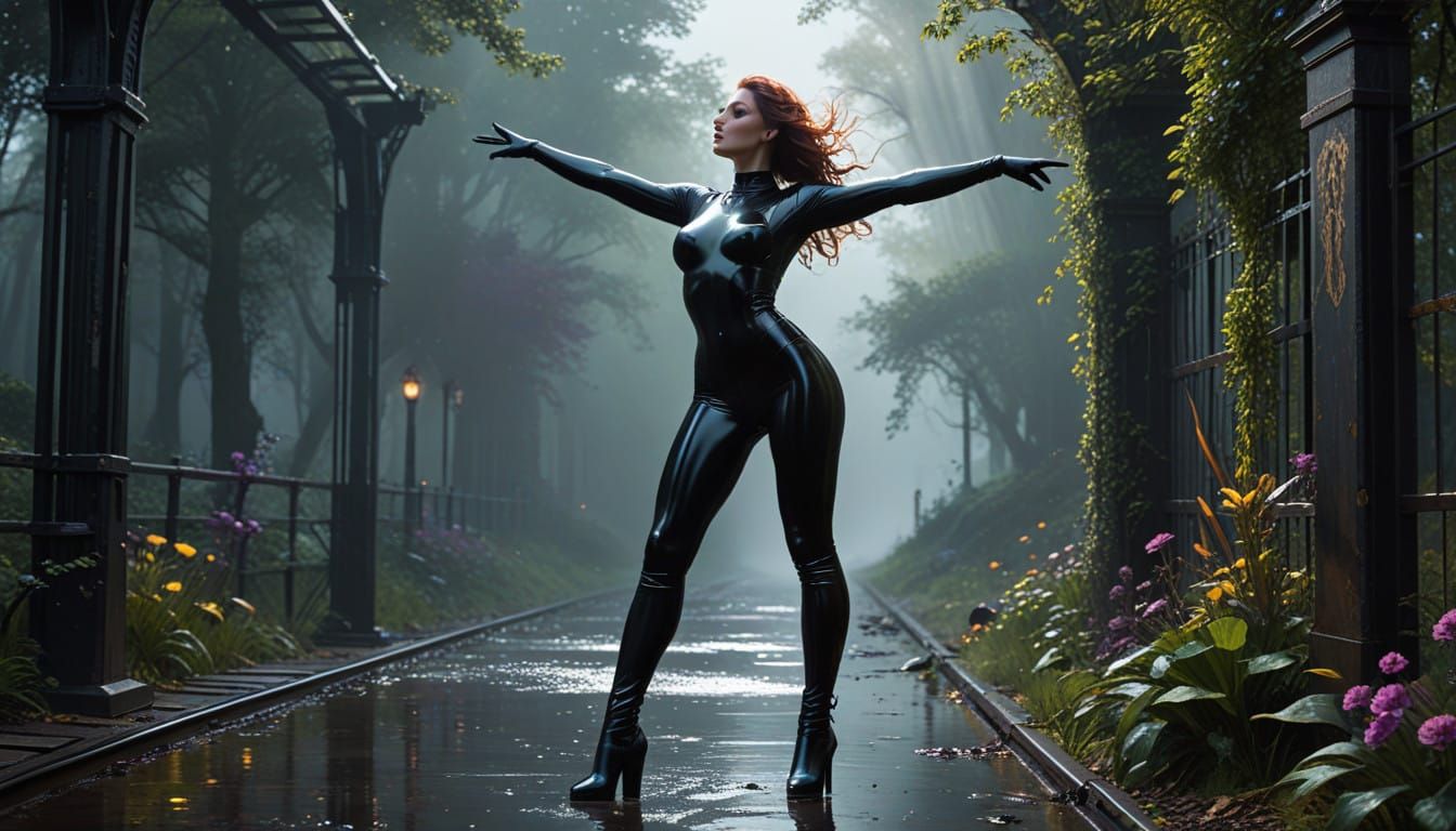 A woman wearing a black latex shining catsuit and over knee red high heel boots poses in front of a metal fence. Her arm...