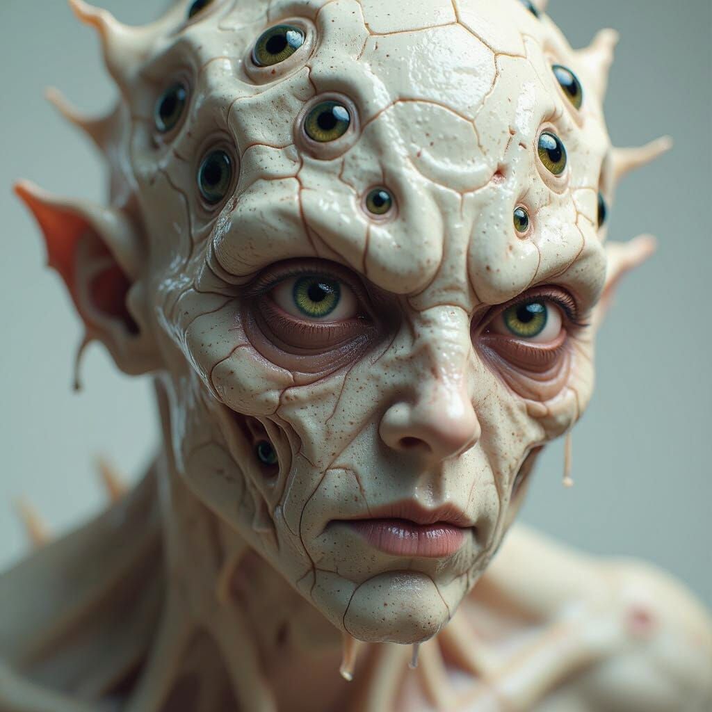 Disturbing Creature Head with Porcelain Skin and Glistening ...