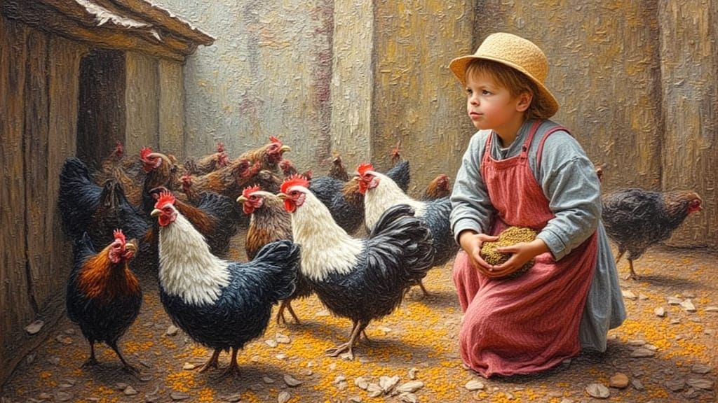 Child Feeding Chickens in Impressionistic Style