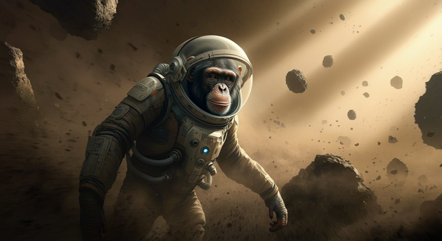 An astronaut monkey floats in space surrounded by asteroids, showcasing a whimsical blend of adventure and exploration.