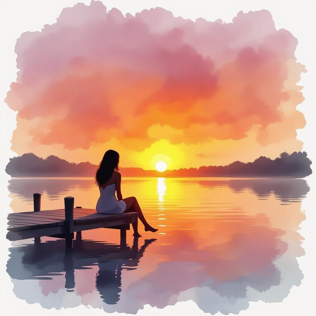 Sunset Silhouette in Watercolor Alcohol Ink Style