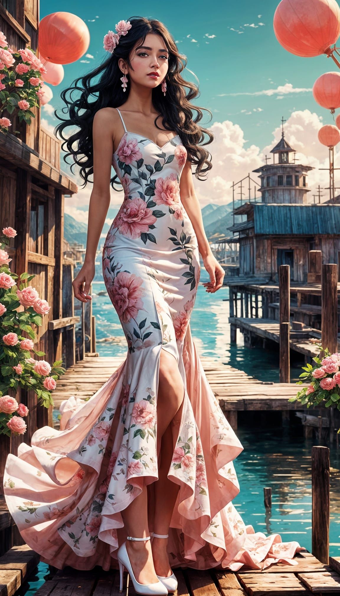 Mexican Woman in Pink Dress on Dock, Anime Style