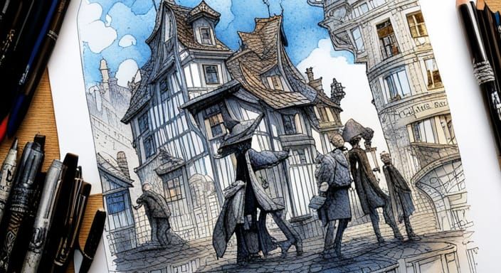 Art Nouveau Town in Blue Ink Drawing