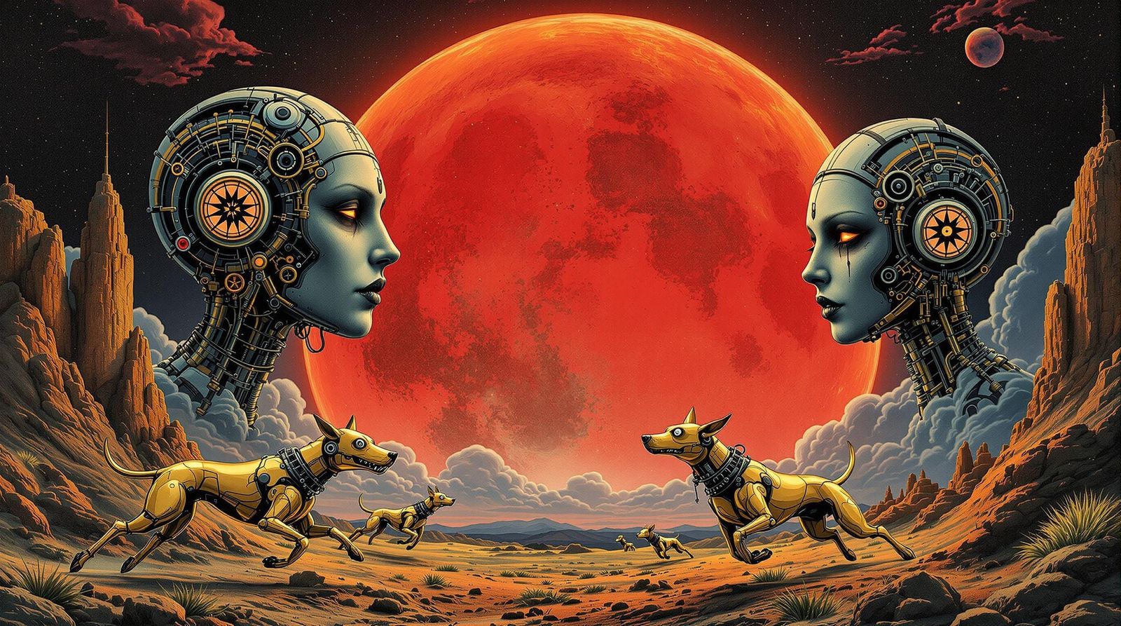 Steampunk Hounds Chase Futuristic Lunar Landscape