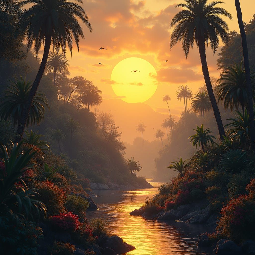 Lush Desert Oasis Teeming with Majestic Vögel in a Dark Fant...