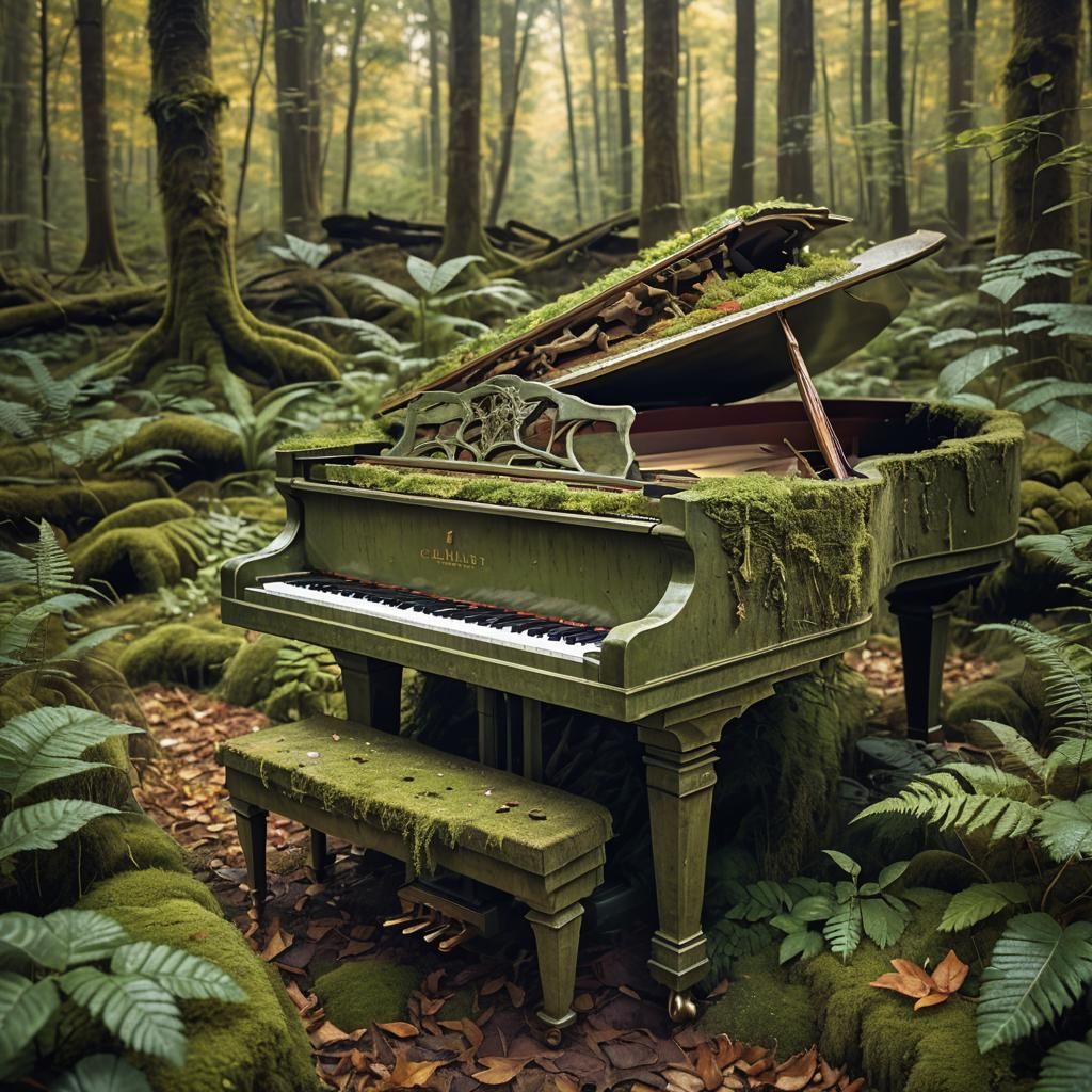 Grand Piano in Overgrown Forest: Photorealistic Macro