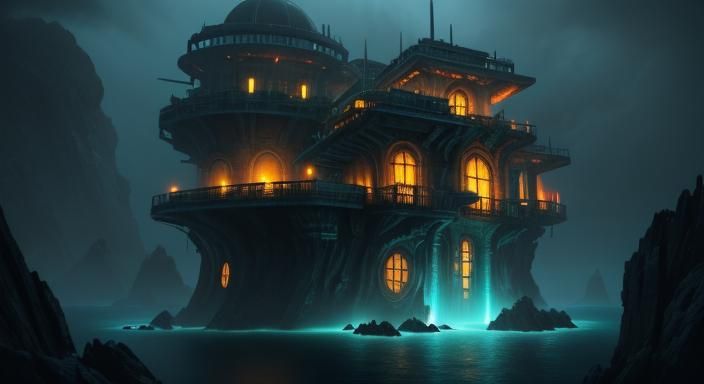 Tropical Cyberpunk Fortress on Beachside Shore