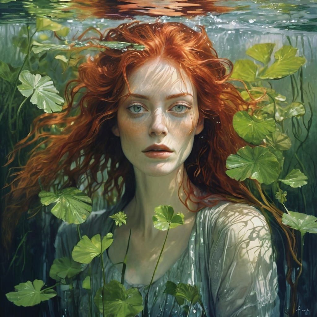 Water Sprite with Red Hair, in Art Nouveau Style