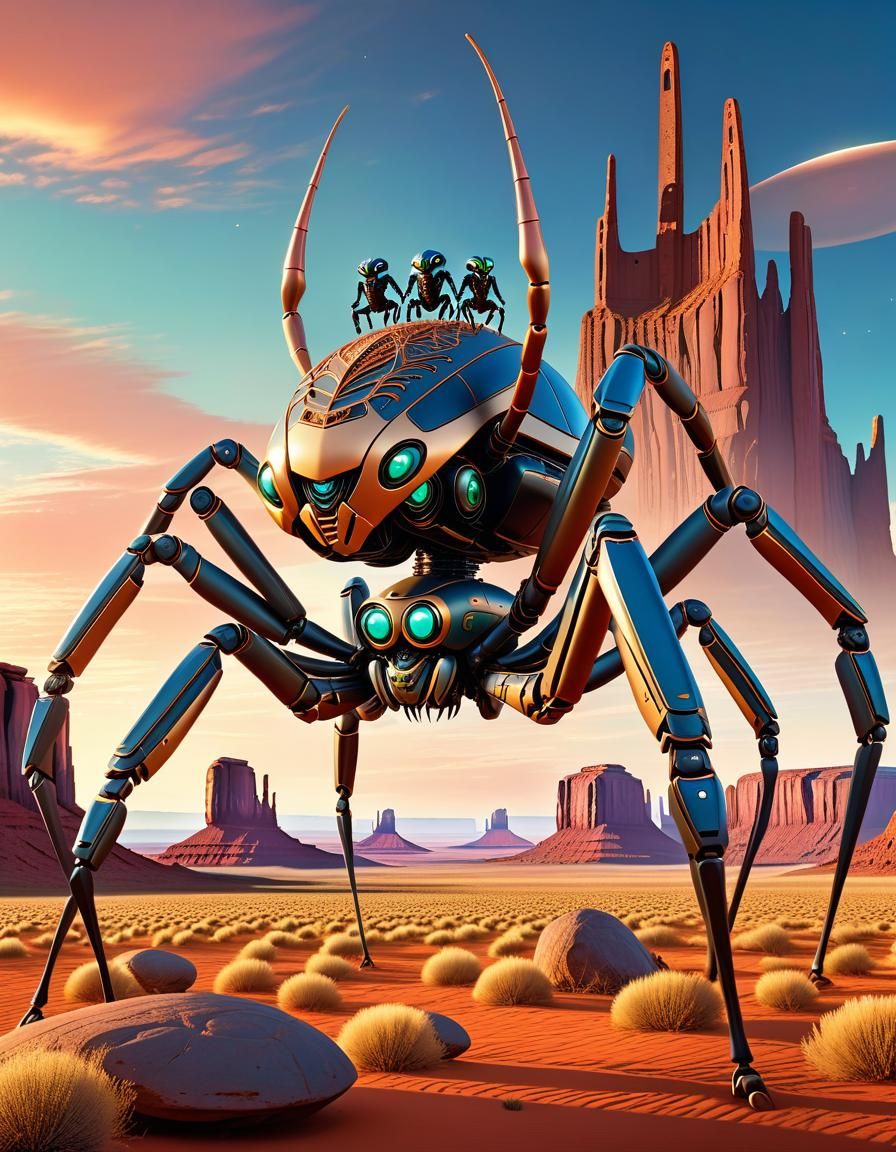 Alien Women Ride Colossal Robotic Spider at Sunset