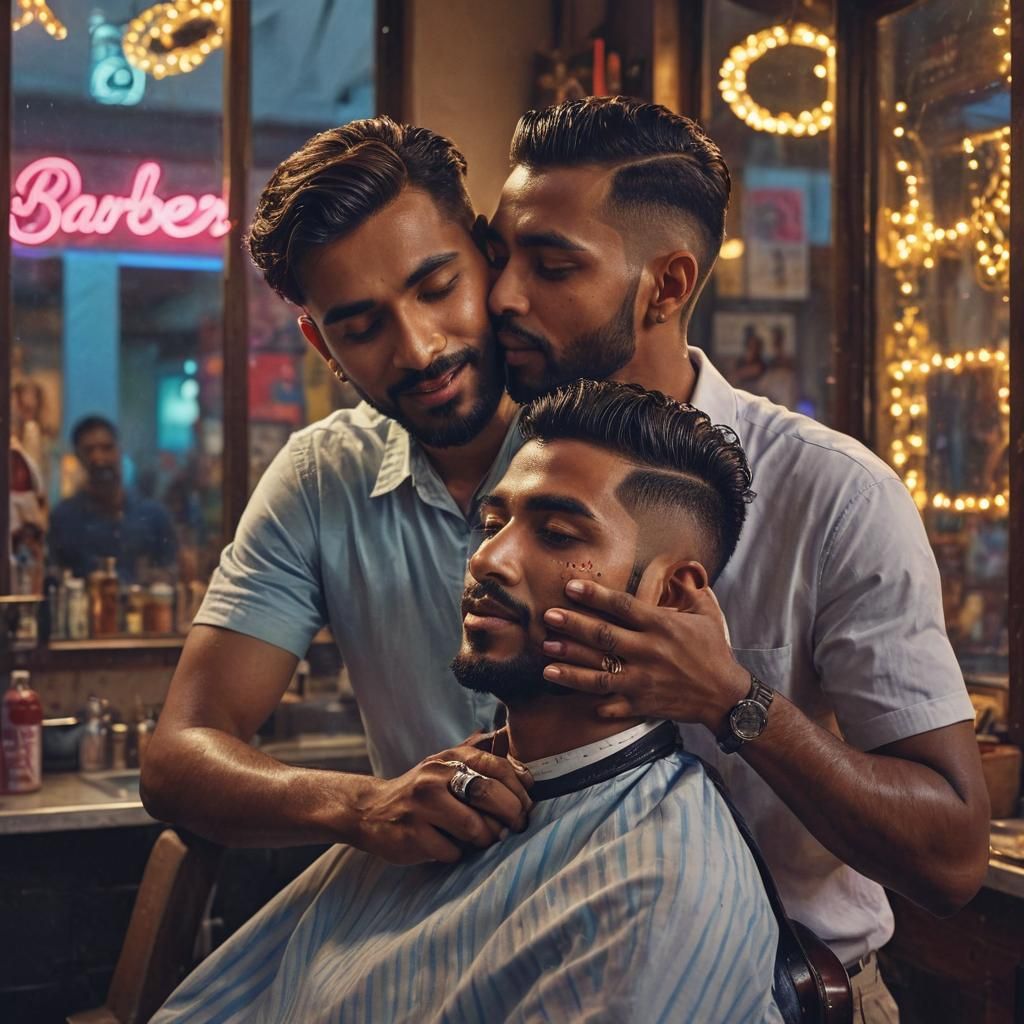 Indian Barber Shop Embrace: Hyperrealistic Concept Art