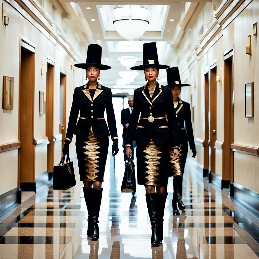 Businesswomen in Nefertiti Hats Walking Down Hallway