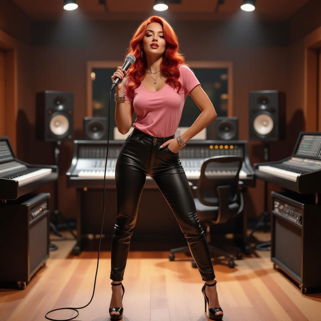 Young Woman Singing in Music Studio, Photorealistic Style