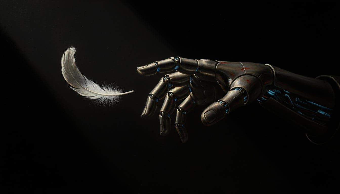 Robot Hand Catches Feather in Caravaggio Style