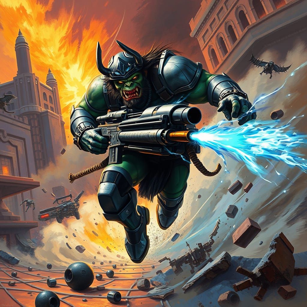 Cyberpunk Orc Warrior Charges into Battle with Electric Blue...