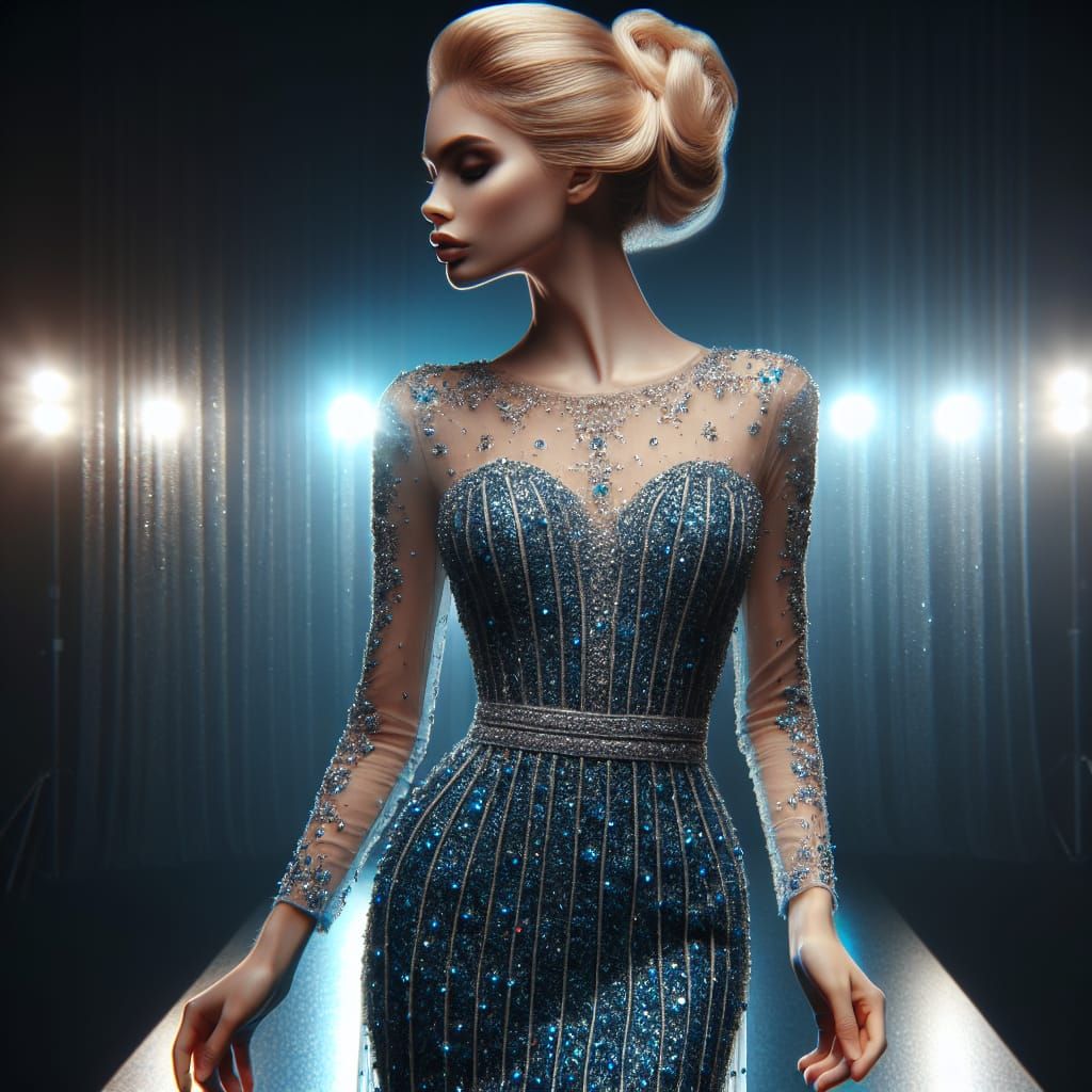 Blonde Model in Liquid Crystal Dress, Sci-Fi Style