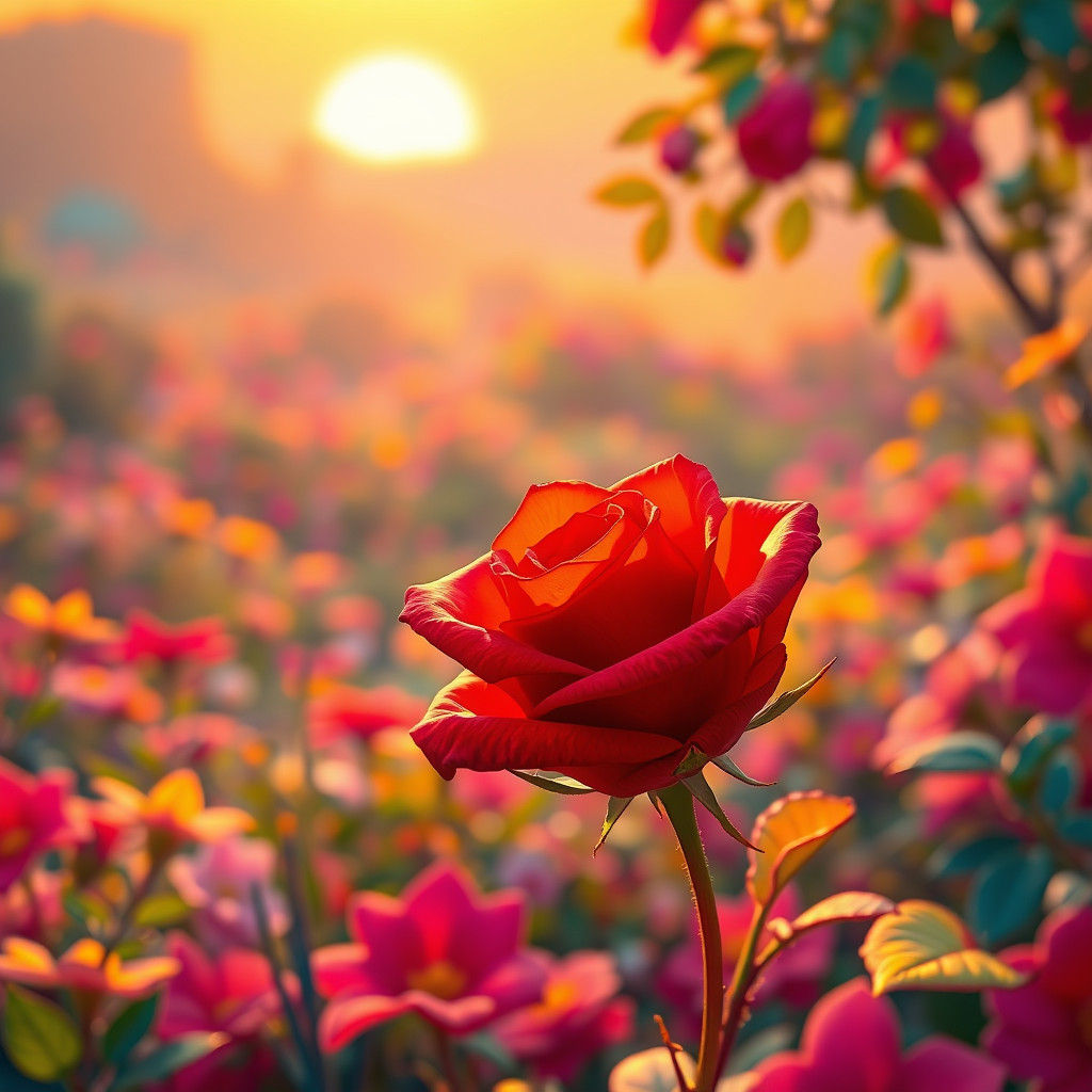 Vibrant Rose in Whimsical Garden Landscape