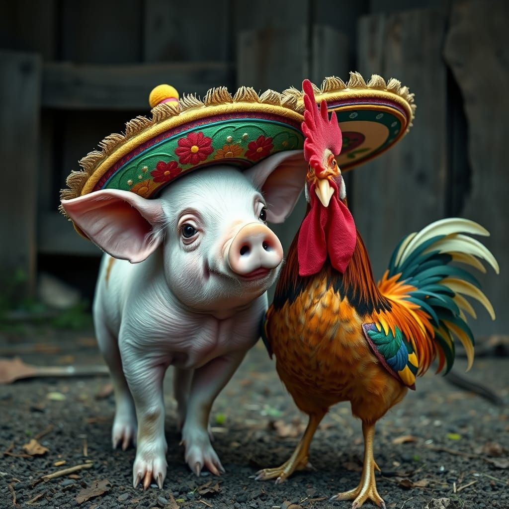 Pig and Chicken in Sombreros: Photorealistic Barnyard Scene