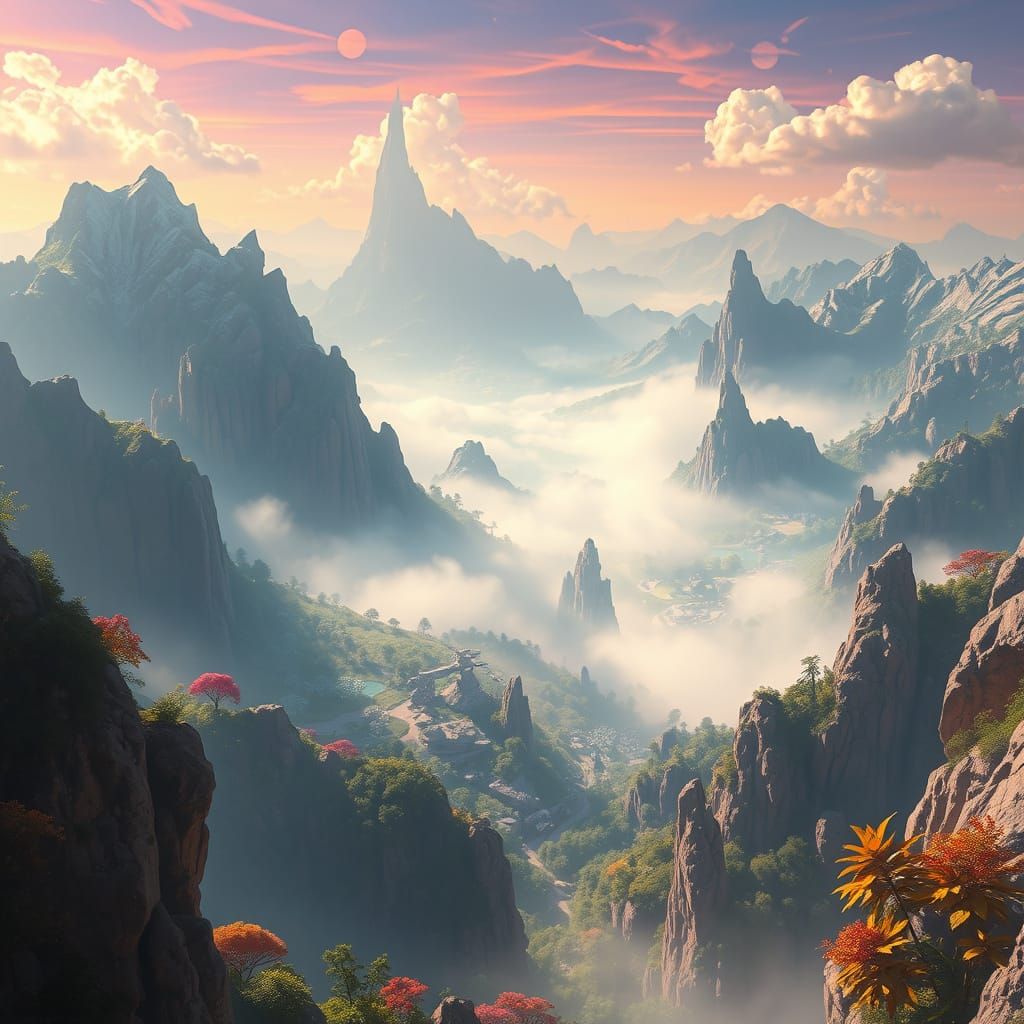 Ethereal Fantasy Realm Unfolds Across Majestic Mountainscape