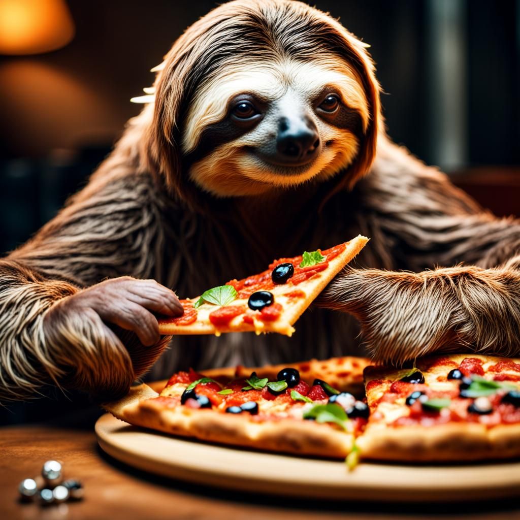 Sloth with Pizza and Jewelry in Hyperrealistic Style