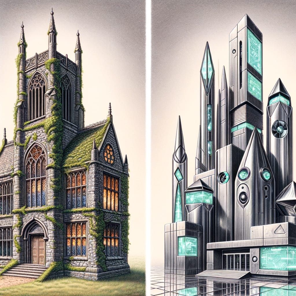 Gothic and Futuristic Institutes Contrasted in Illustration