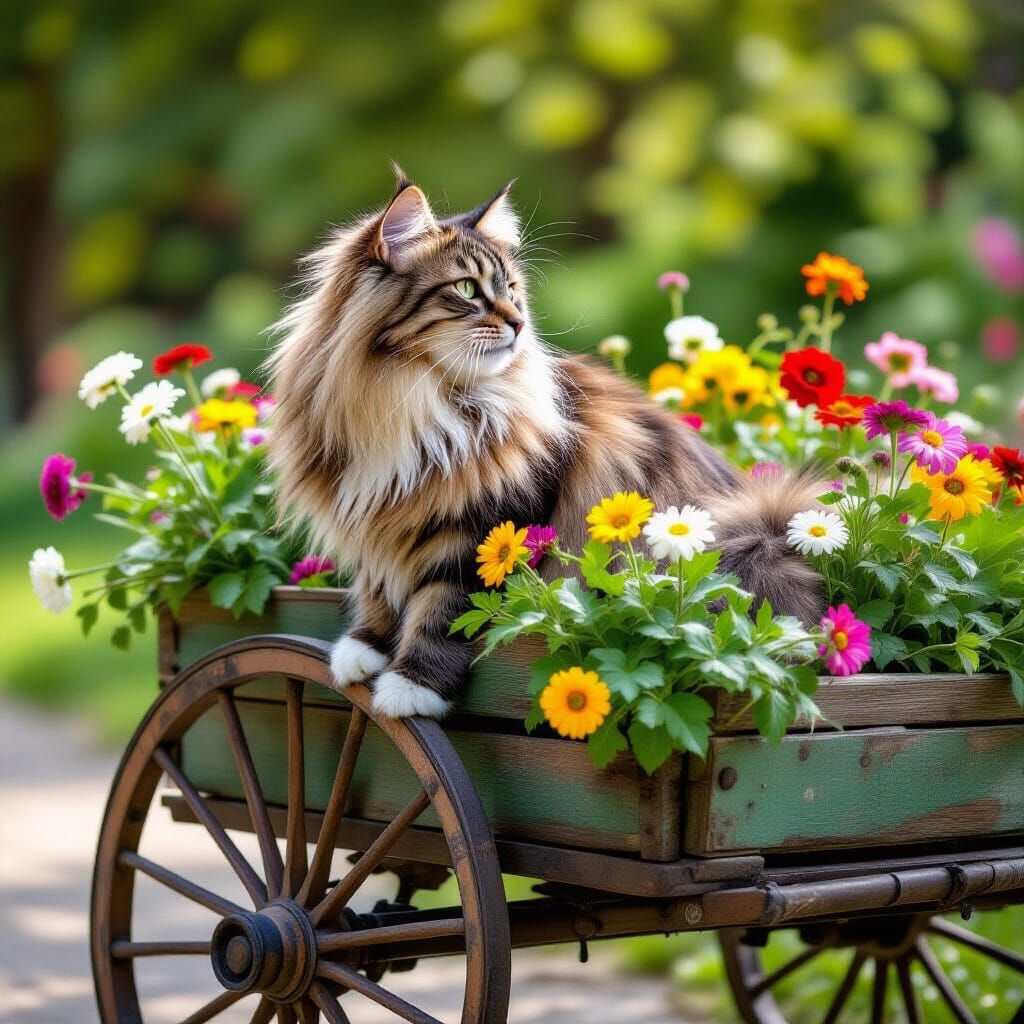 Long-Haired Cat in Flower-Filled Cart with Old Wheels