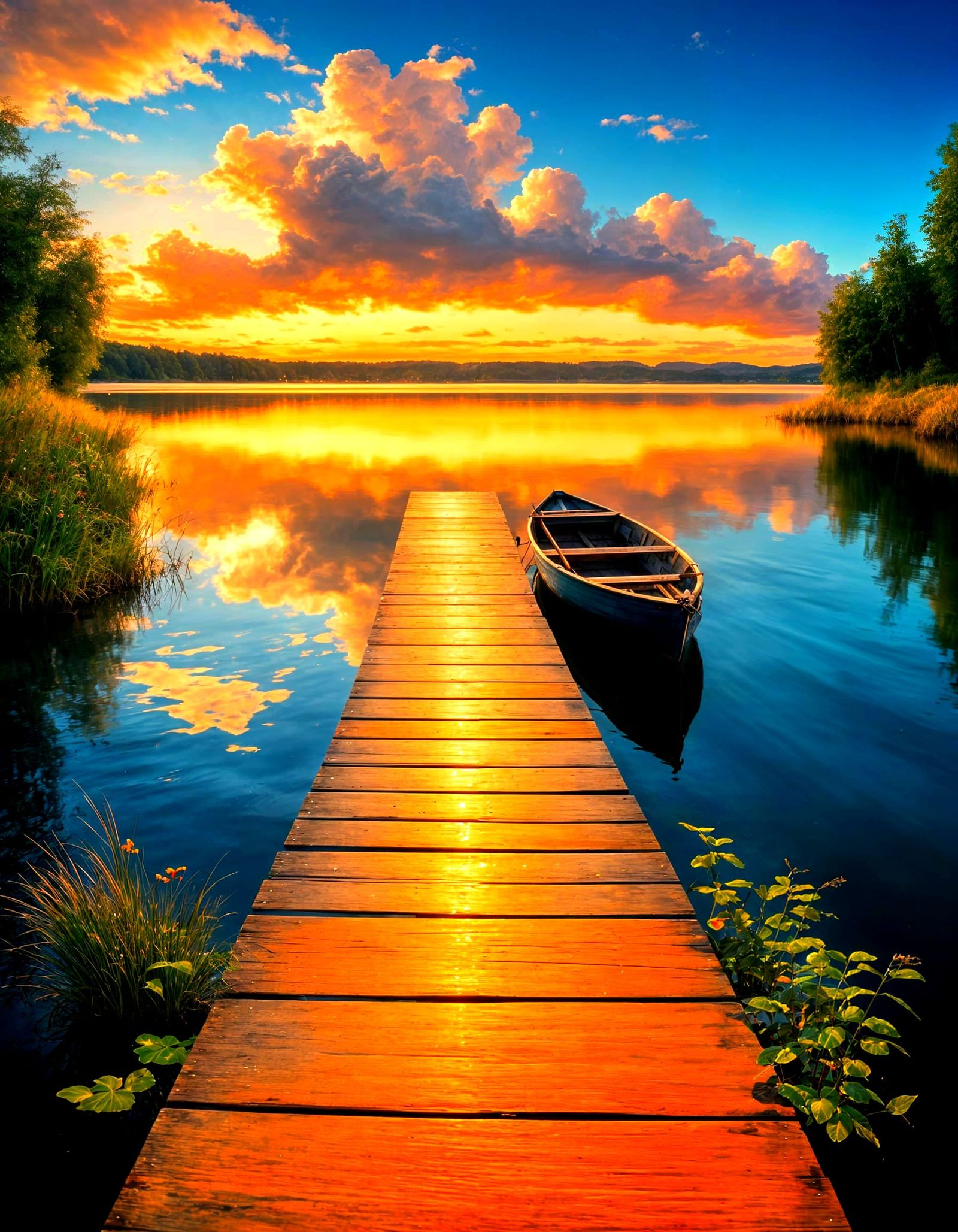 Serene Sunset Dock on Calm Lake Waters