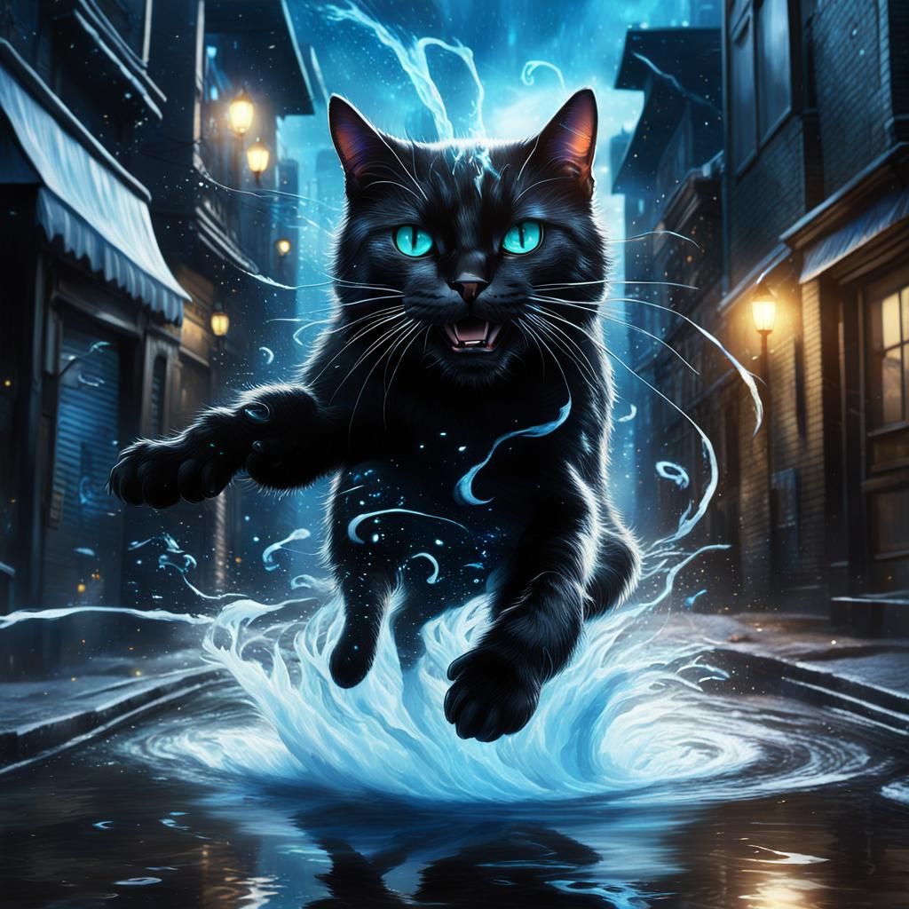 Heroic Black Cat with Magic Energy in City Alleyway