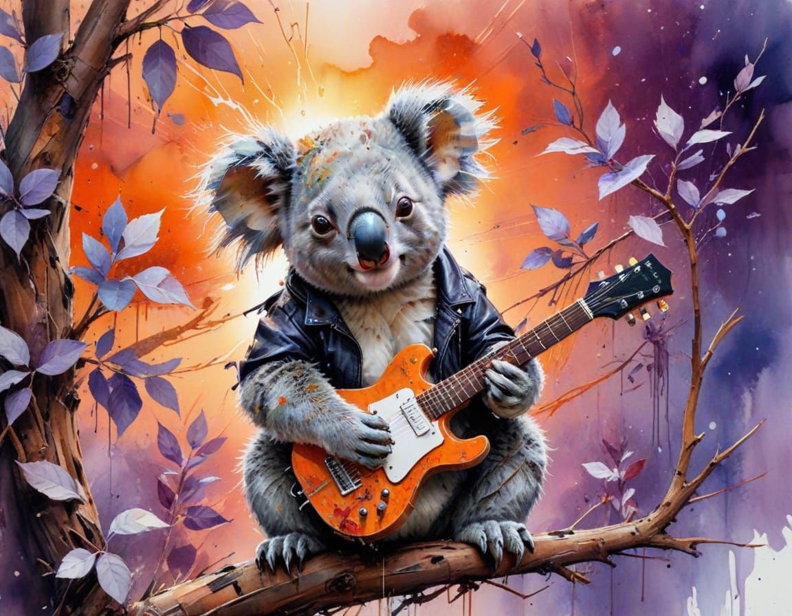 Koala Plays Guitar at Sunset in Watercolor Style