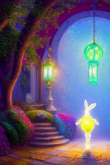 Glowing Crystalline Bunny in Art Nouveau Style