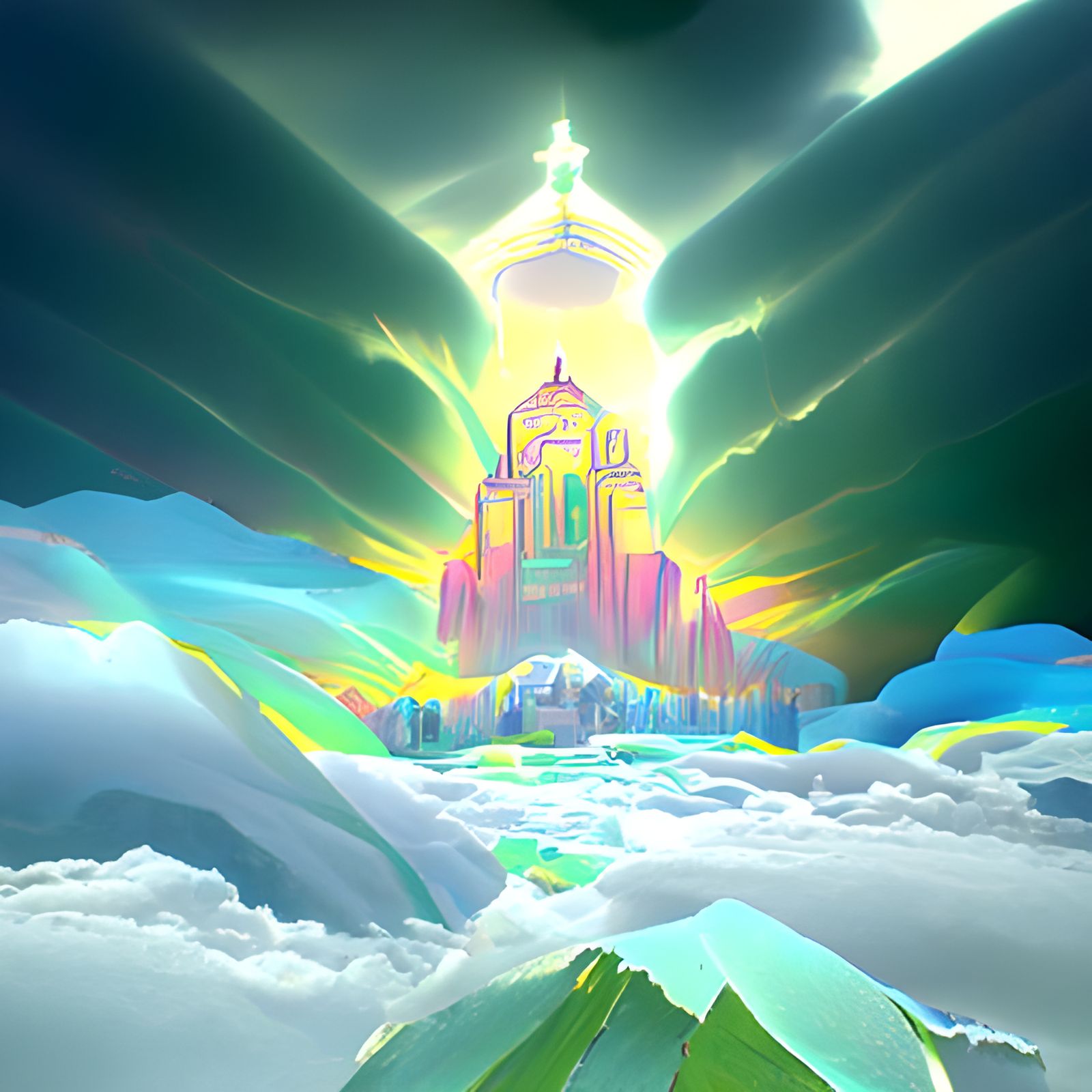 Holy Mountaintop Monastery Under Aurora, Cel-Shaded