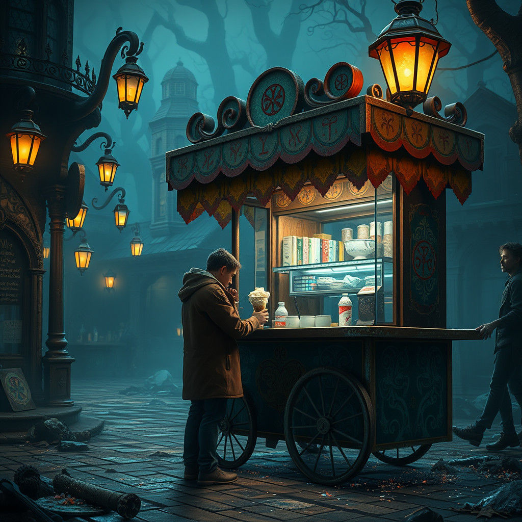 Gothic Figure Savoring Ice Cream in Gritty World