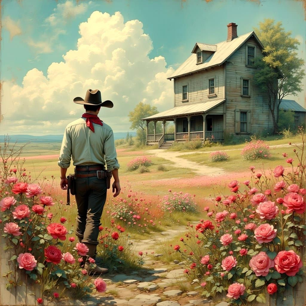 A Cowboy in a Whimsical Rose Garden