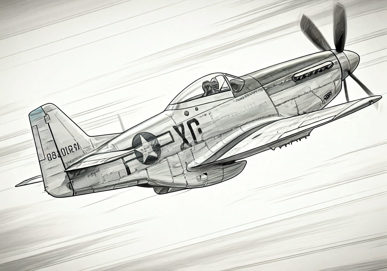 P-51 Mustang Soaring Over Europe: Pencil Sketch