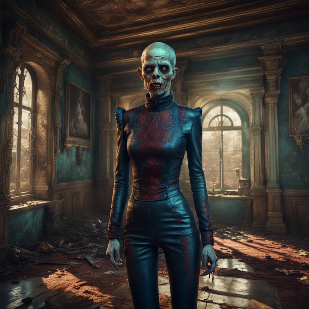 Zombie Woman in Catsuit in Old Mansion