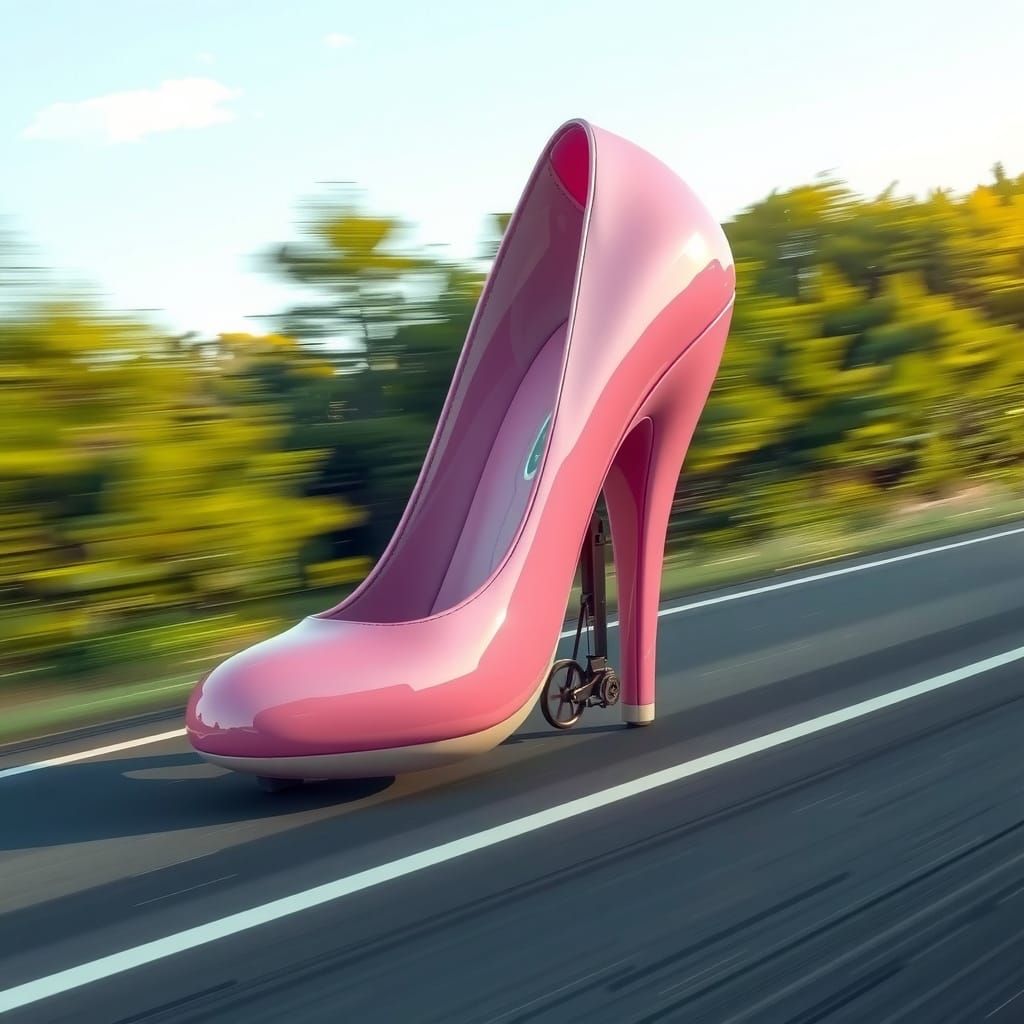 Sandal-Shaped Car Driving on Highway in Surreal Style