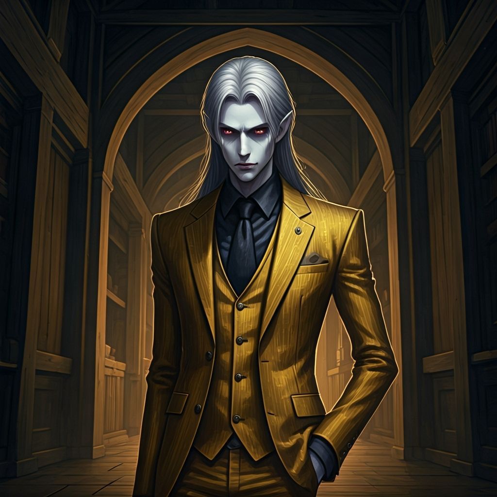 Vampire in Gold Suit in Dark Basement Anime Style