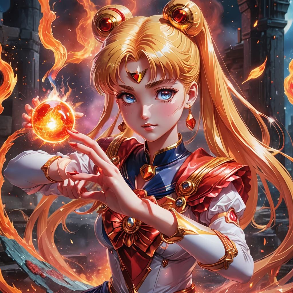 Sailor Moon's Fiery Touch in Surreal Fantasy