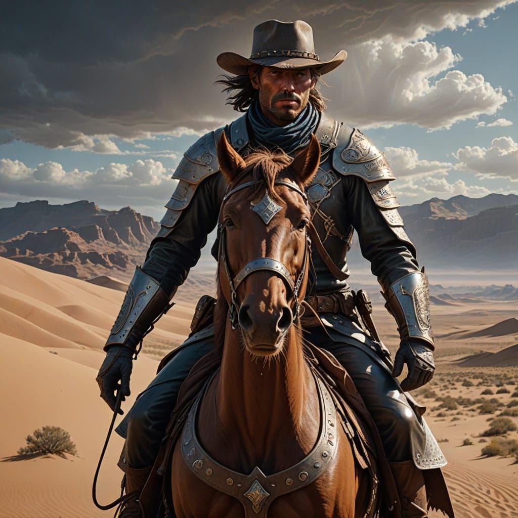 Armored Cowboy on Horse in Epic Desert Landscape