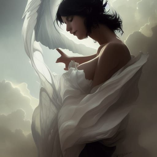 Ethereal Ghost Girl Descending from Clouds