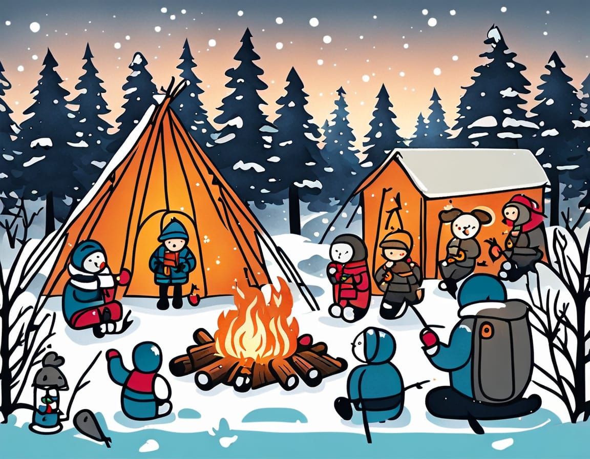 Cozy Winter Wonderland Scene with Campers and Animals