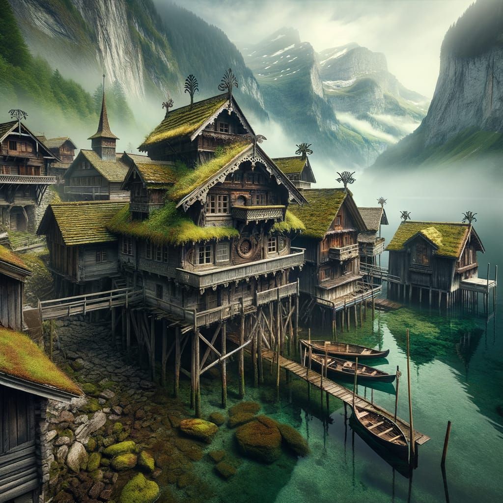 Misty Viking Village on Alpine Lake
