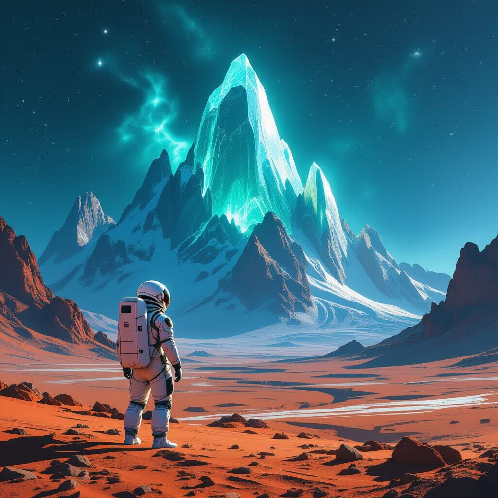 Astronaut Gazes at Crystalline Mountains on Alien Planet