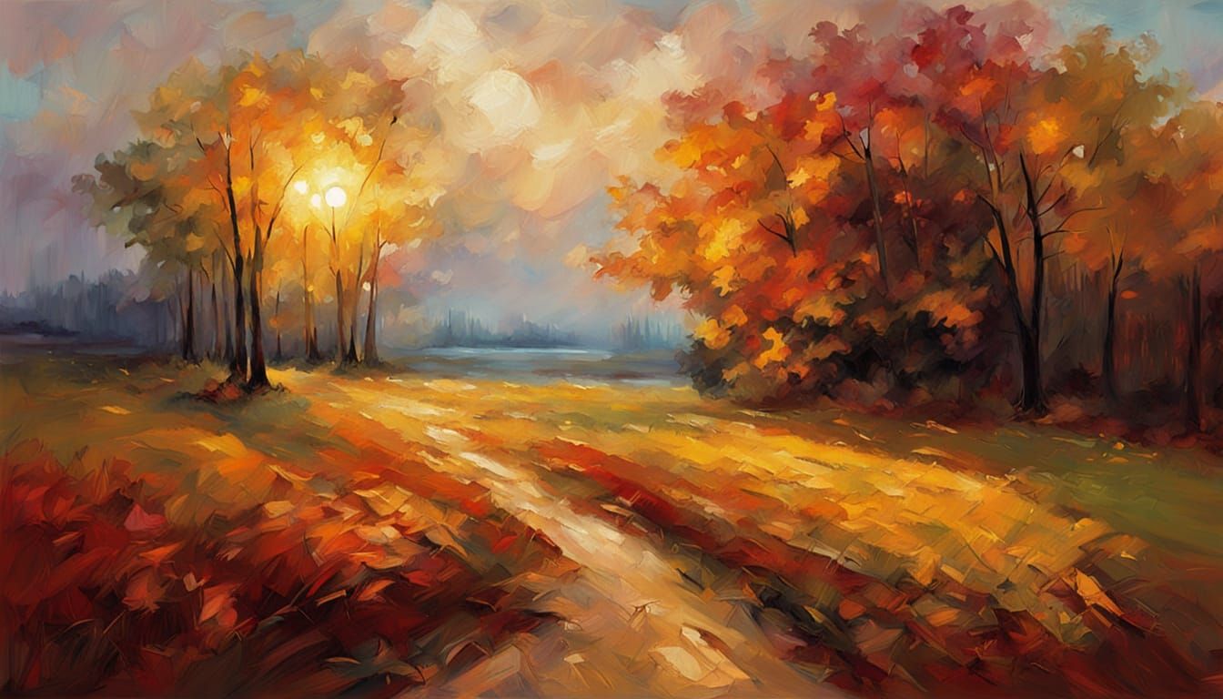 Vibrant Autumn Sunset Landscape in Oil Painting Style