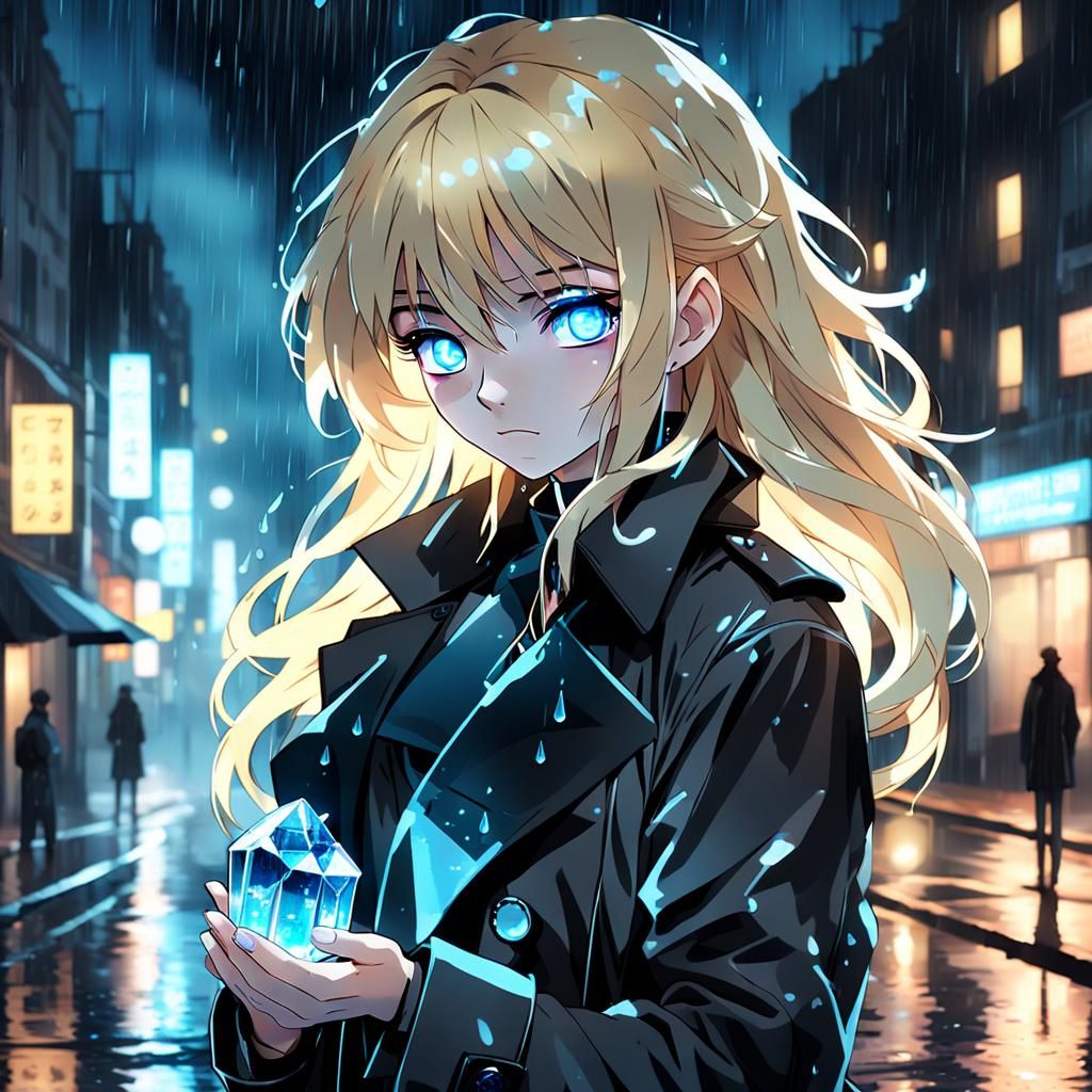 Anime Girl with Glowing Crystal in Rainy City