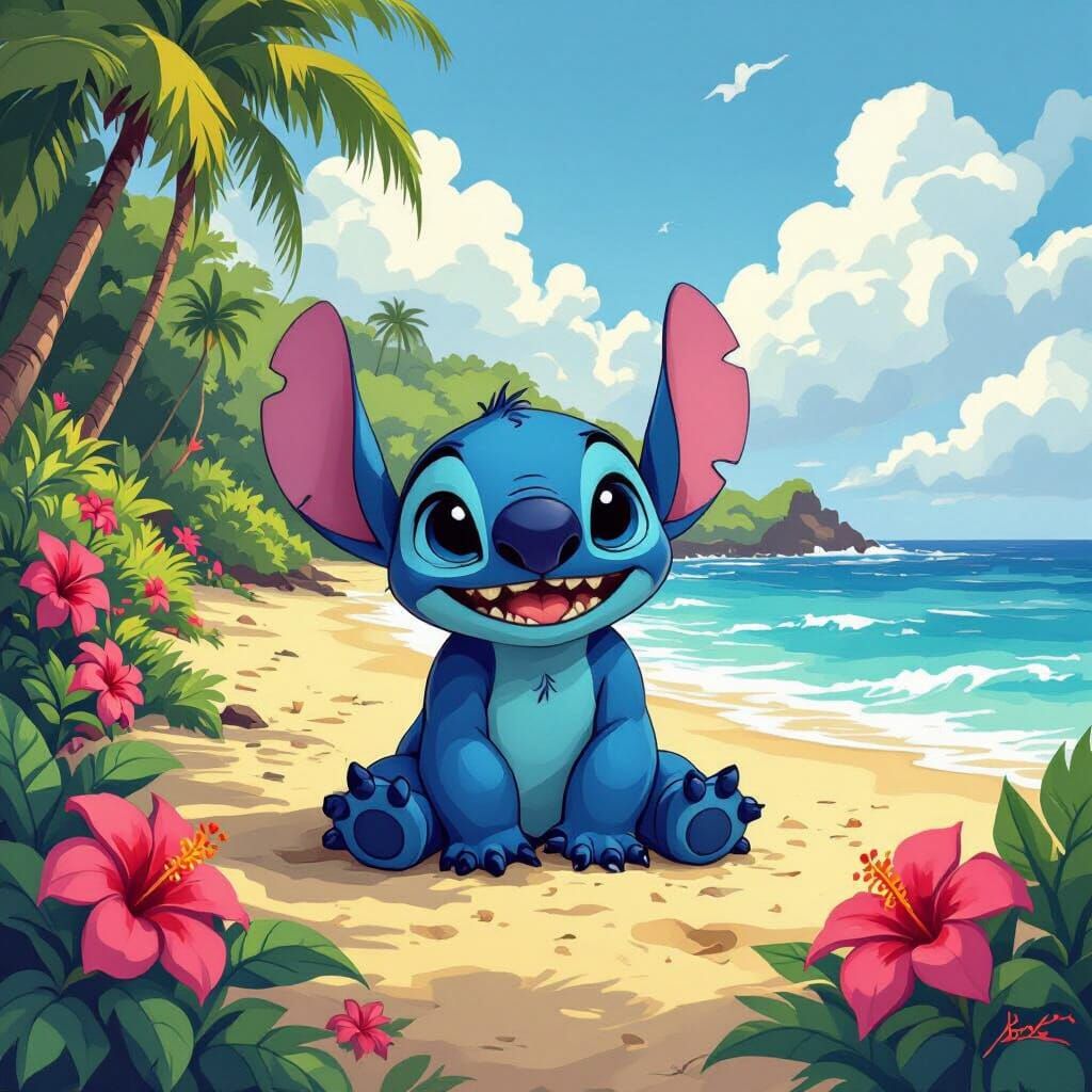 Stitch on Hawaiian Beach in Whimsical Style