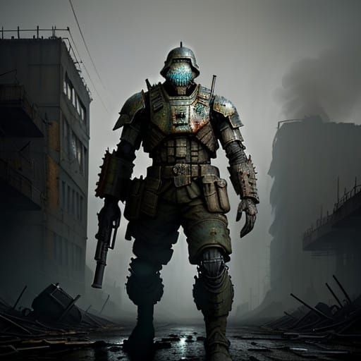 Battle-Scarred Soldier in Industrial Armor, Set in a Gritty...